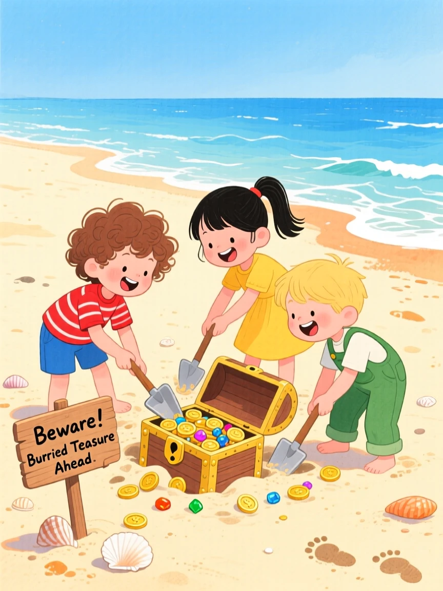 A thrilling glimpse of children digging for buried treasure on a sandy beach.