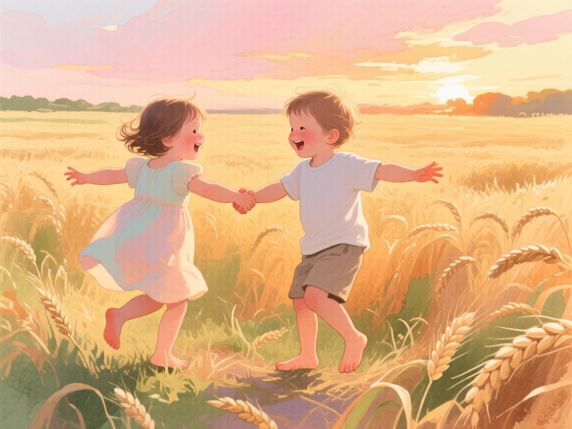 Twin toddlers holding hands spinning in circles with arms outstretched in a field, in a golden wheat field at sunset, evoking a warm sense of nostalgia.