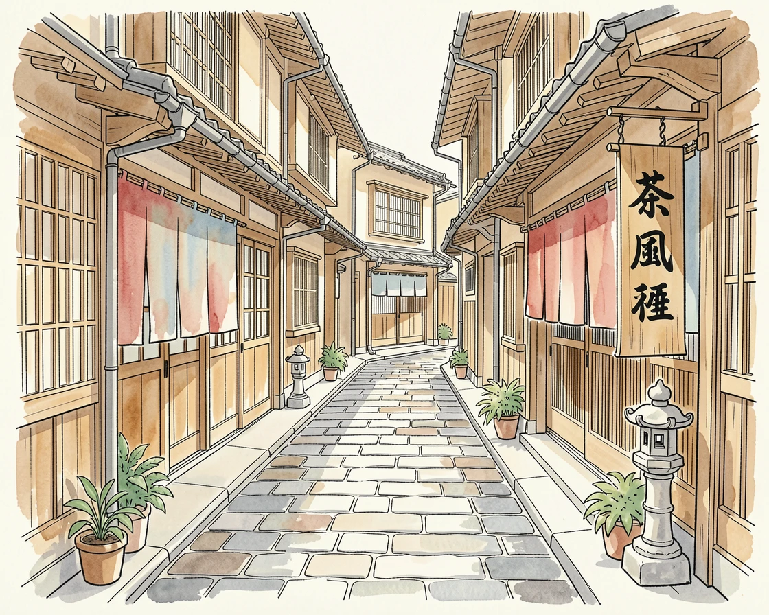 A quiet alley in Kyoto lined with traditional wooden shopfronts, a gentle stillness settling over the historic setting.