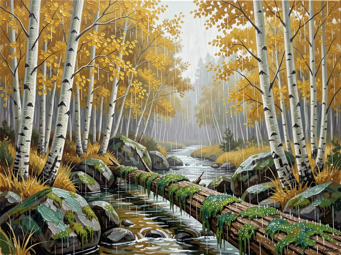 On a rainy afternoon, droplets glistening on every leaf, a grove of golden aspens, beside a cluster of moss-covered boulders, a fallen, moss-covered log forming a bridge over the stream.