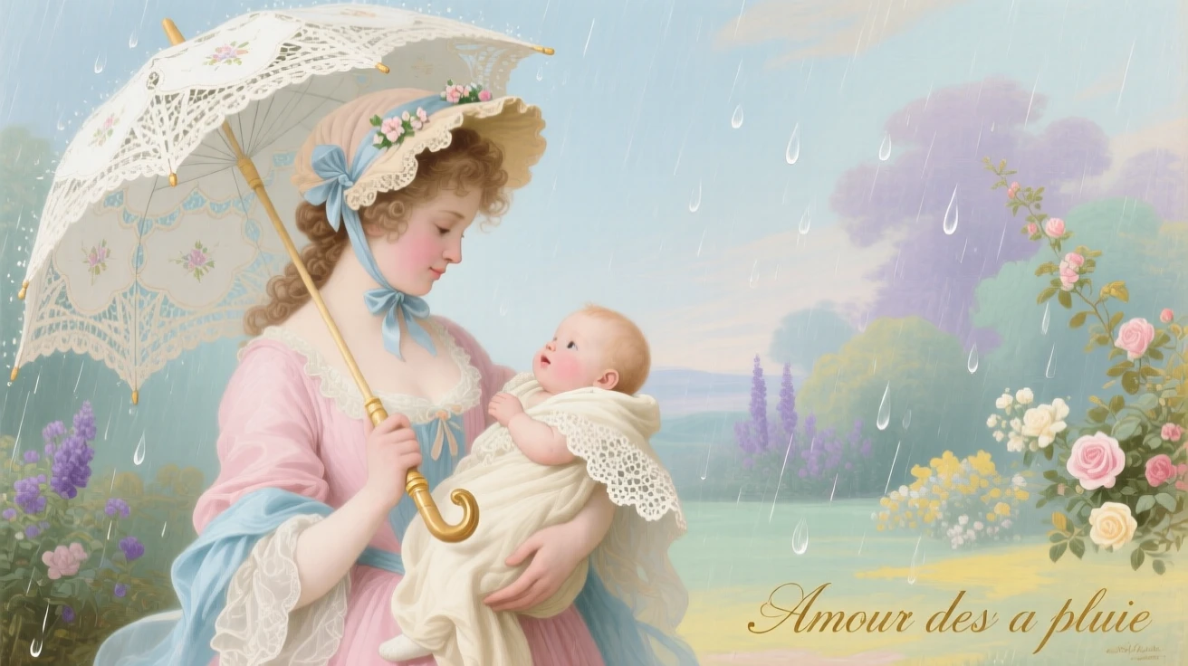 A mother holding her child under a parasol during a gentle rain  