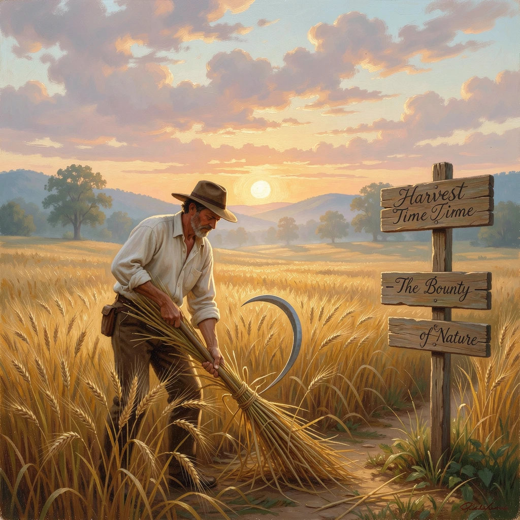 A farmer harvests wheat in a golden wheat field at harvest time as the sun rises over the fields.