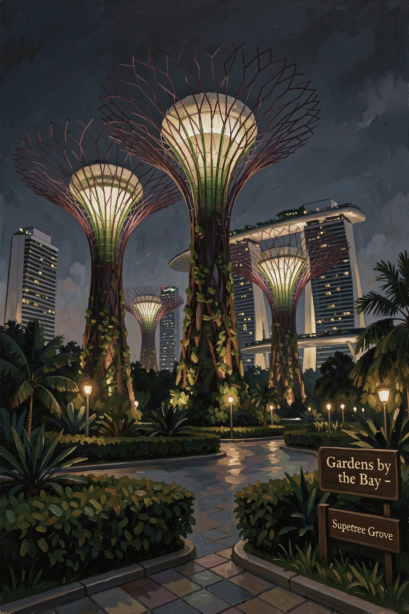 The dramatic skyline of Singapore's Gardens by the Bay illuminated at night, as the last light of day catches the tops of towers and rooftops, offering a striking, postcard-worthy view of an iconic destination