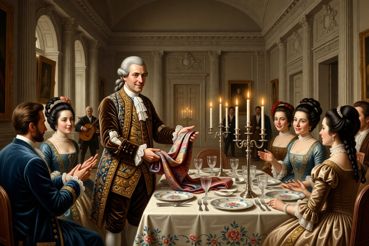 A merchant prince displaying imported silks to admiring guests as laughter and music fill the air, set in an opulent dining hall set with silver and crystal, with fine china, crystal goblets, and candelabras adorning the table; rich architectural framing lends grandeur without crowding the figures, capturing the warmth of family bound by legacy.