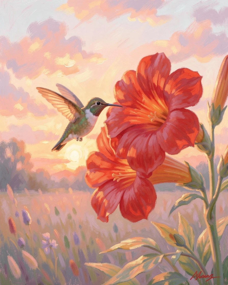 A hummingbird hovering beside a trumpet-shaped red flower, wings a blur of motion in the morning light, under a glowing sunset sky.