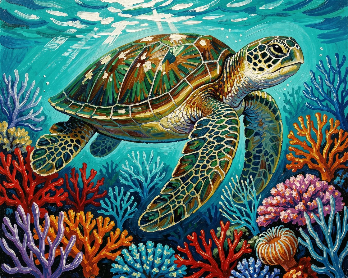 A sea turtle gliding gracefully over a coral reef bursting with color.