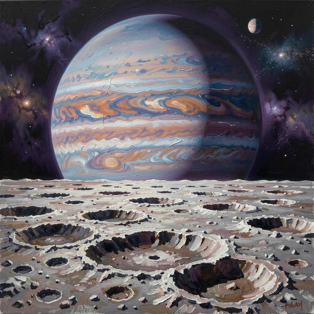 A rocky moon's cratered surface stretches into the distance, a massive gas giant rising dramatically over the airless horizon, distant elements hinting at a much larger world extending beyond what is visible.