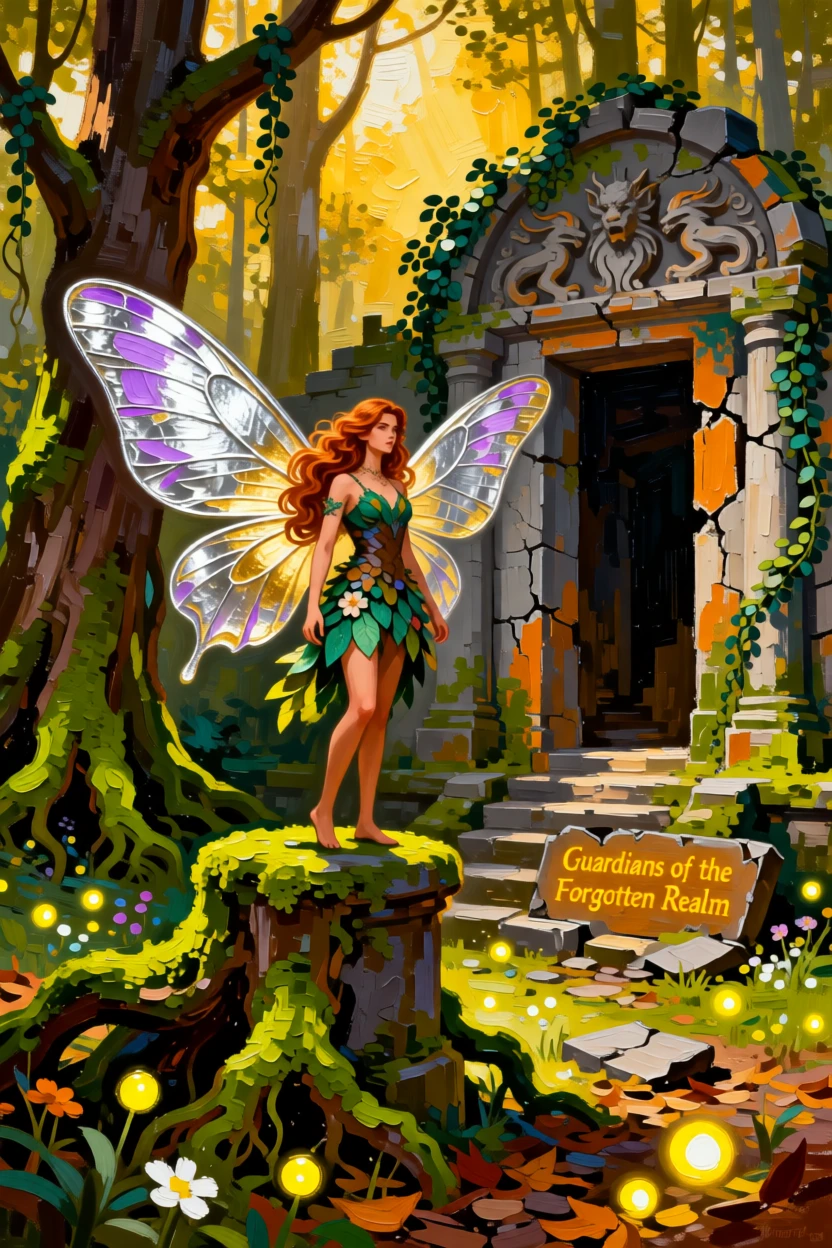 a moth-winged forest fairy standing guard over an ancient ruined temple