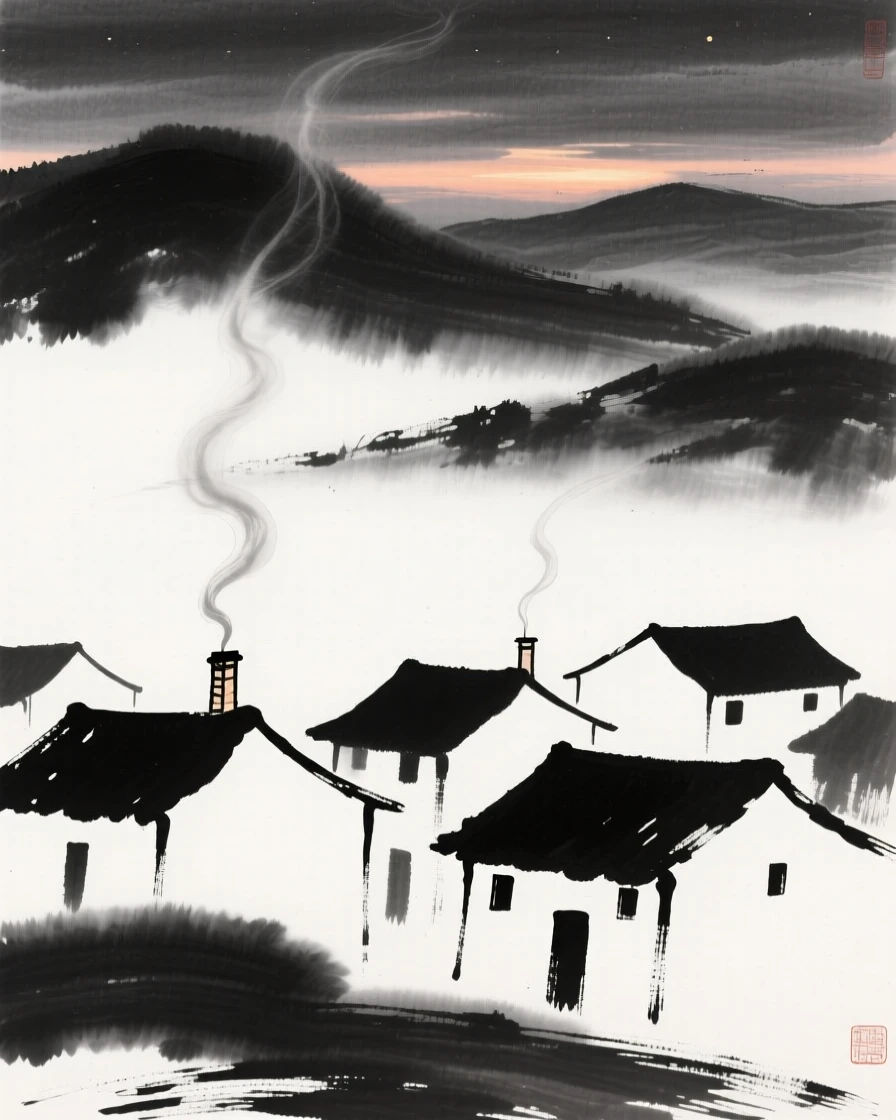Smoke rises gently from chimneys in a village at dusk, with mist settling over the surrounding hills.