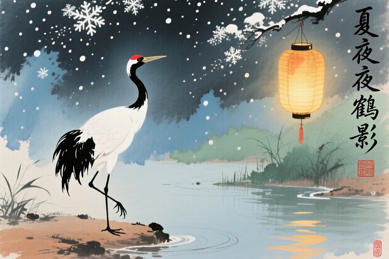 A majestic crane standing tall on one leg at the water's edge, beneath softly falling snow, as lanterns are lit for the evening, in the height of summer.