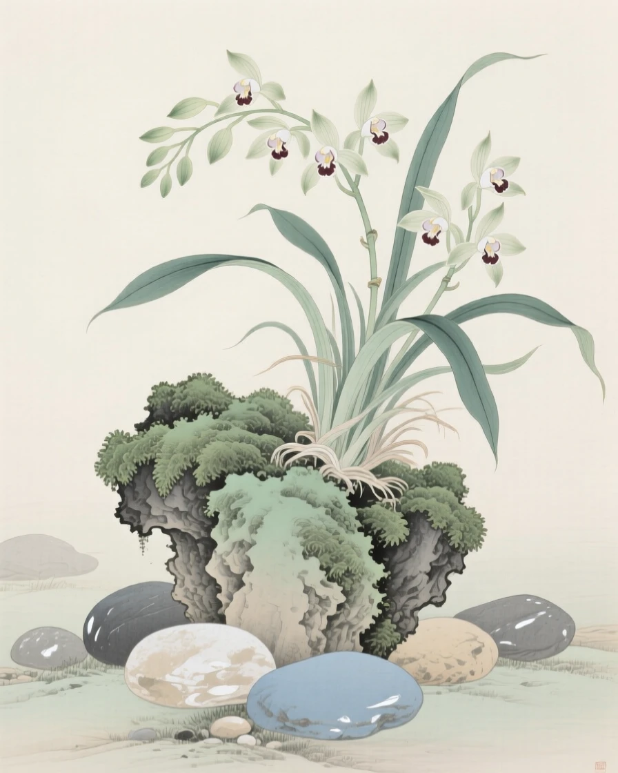Orchids growing from a mossy rock scattered across smooth garden stones