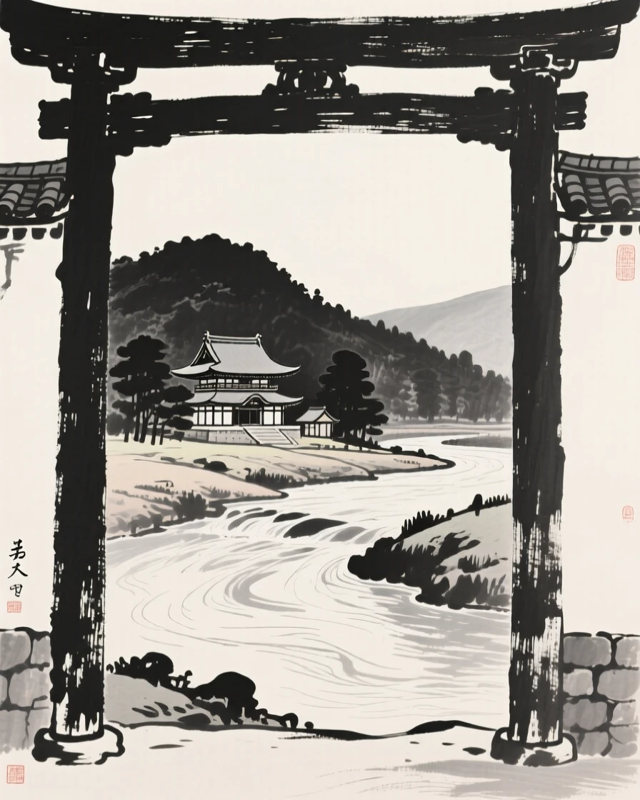 A hillside monastery beside a quiet, meandering river, framed through an archway or gate for depth, conveying quiet reverence for the past.