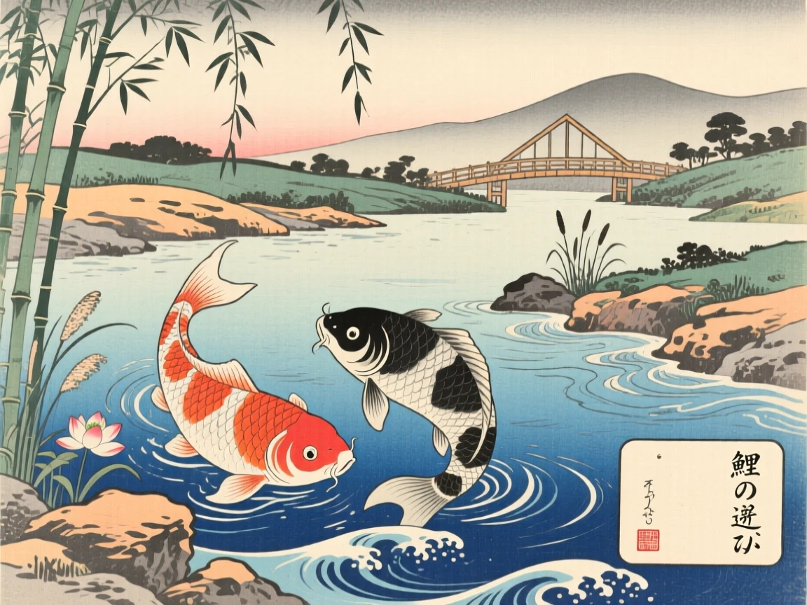 A pair of koi fish playing along a rocky riverbank.