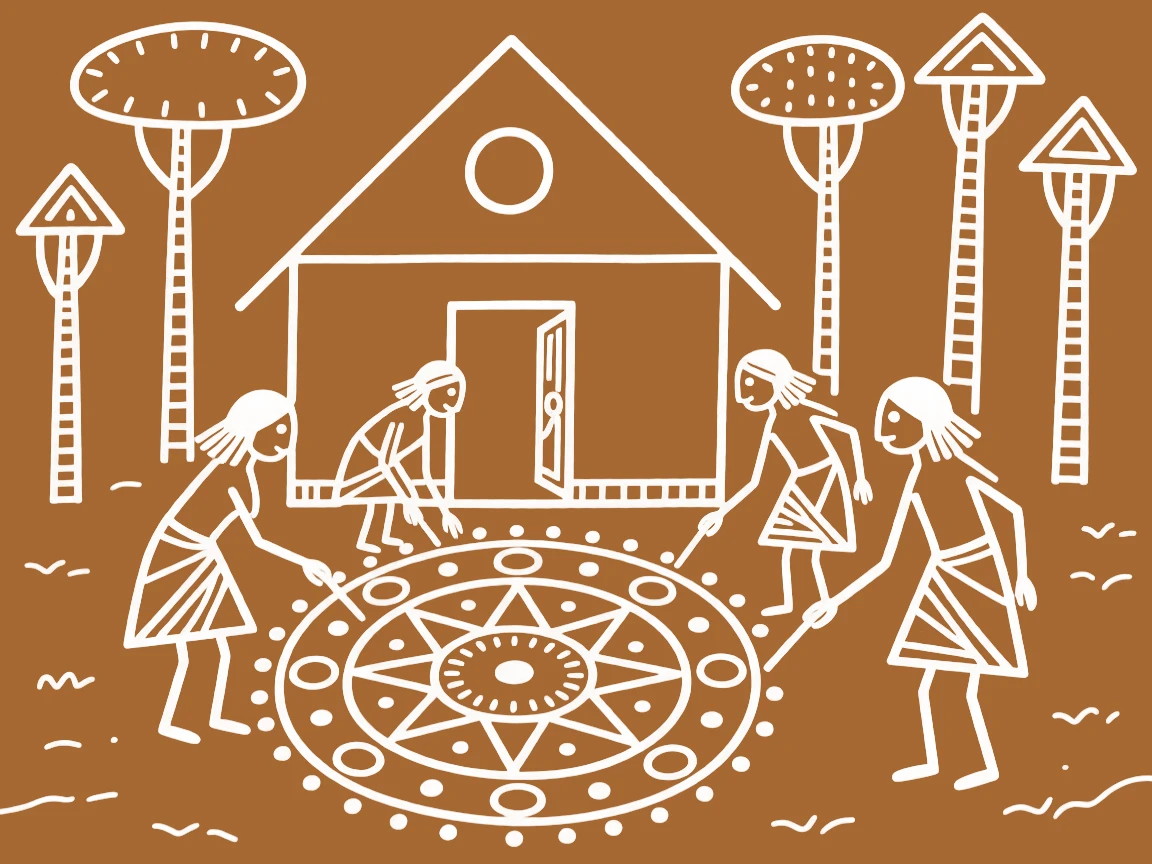 A group of women drawing a ritual pattern at their doorstep at a small forest shrine.