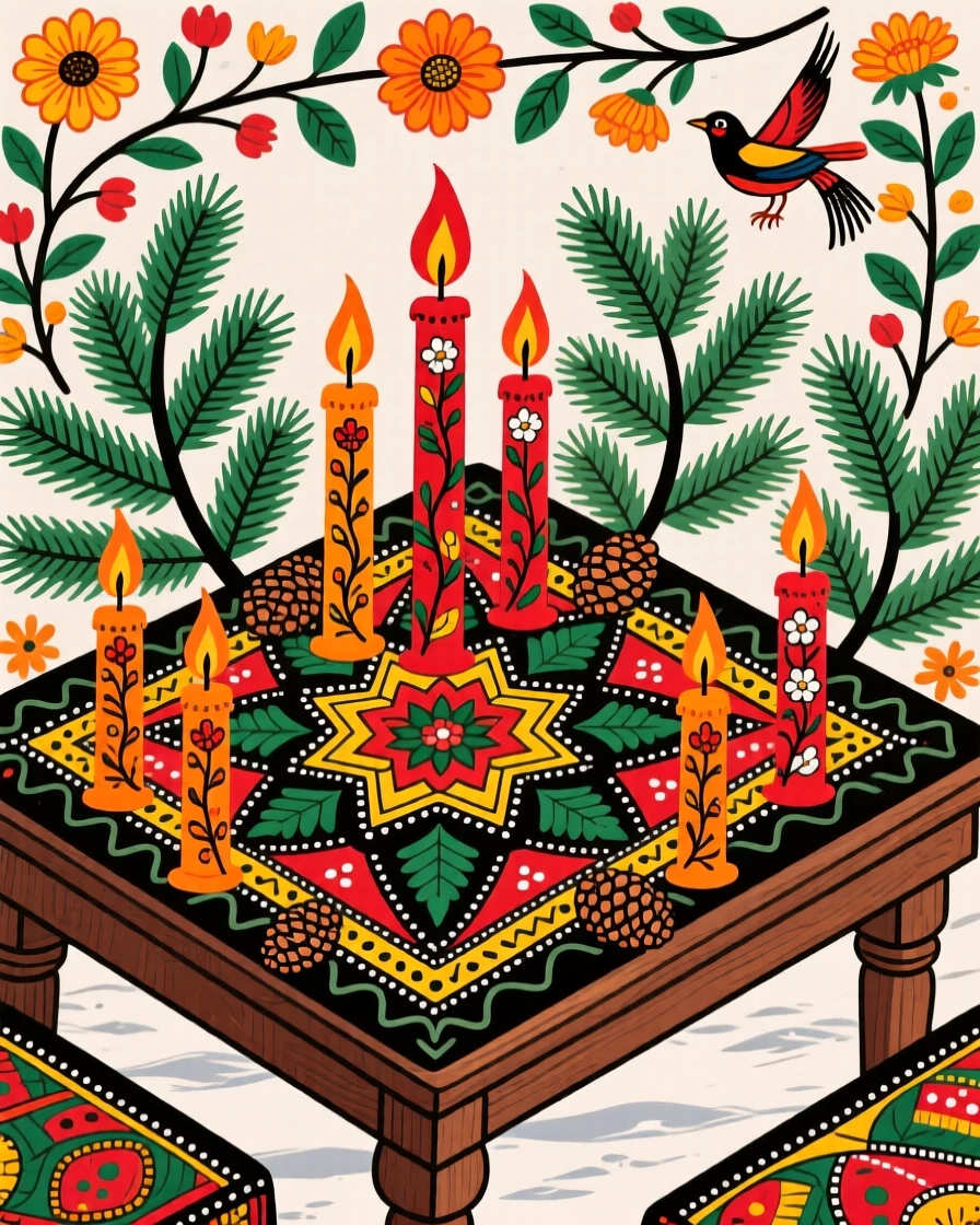 A table set with candles and pine branches for a winter gathering.