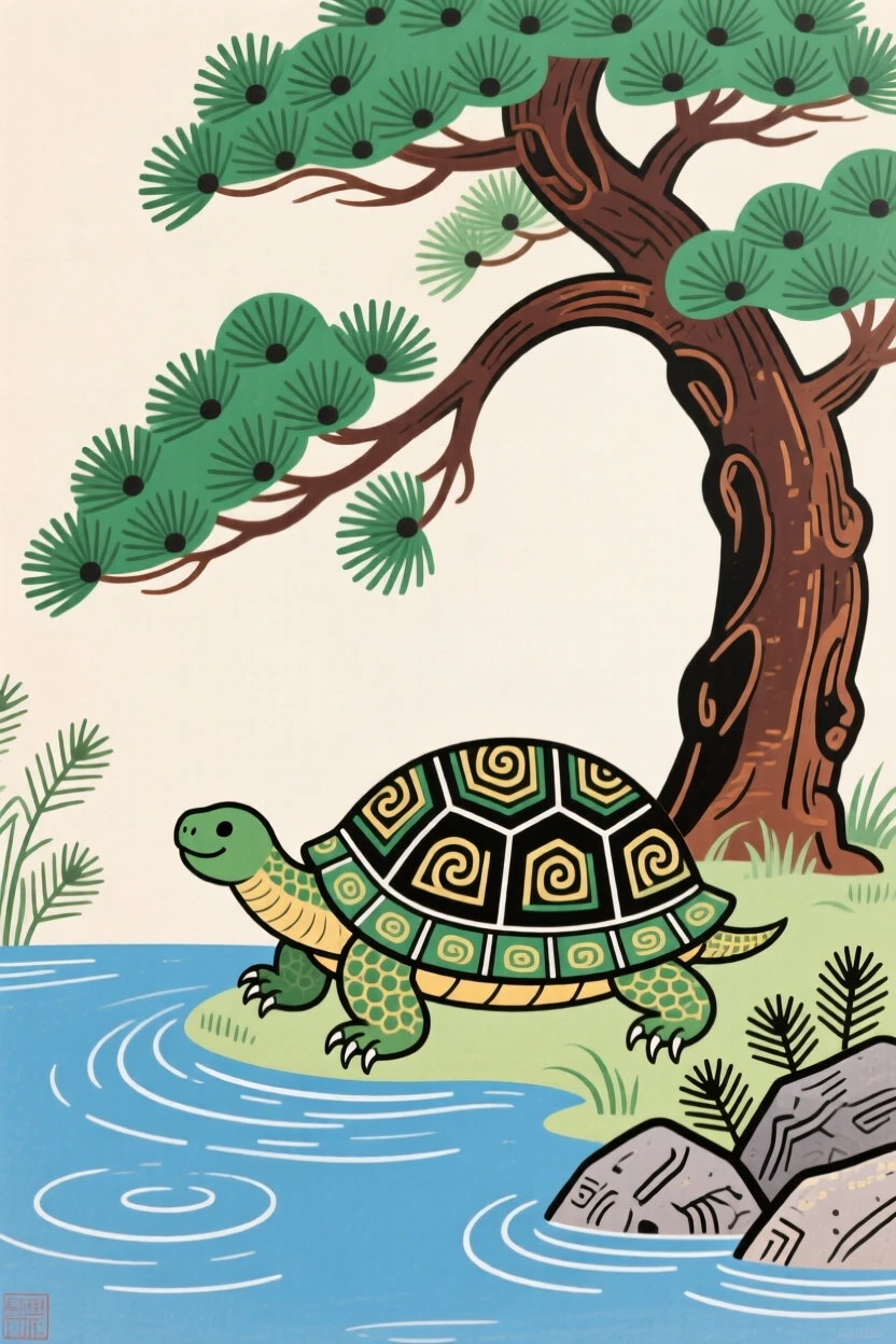 A tortoise resting beside a still pond under a pine tree, symbolizing long life.