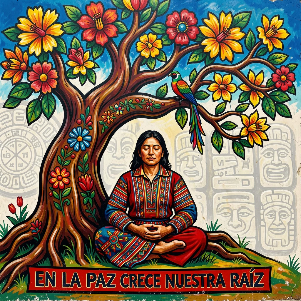 A meditating figure seated beneath a blossoming tree