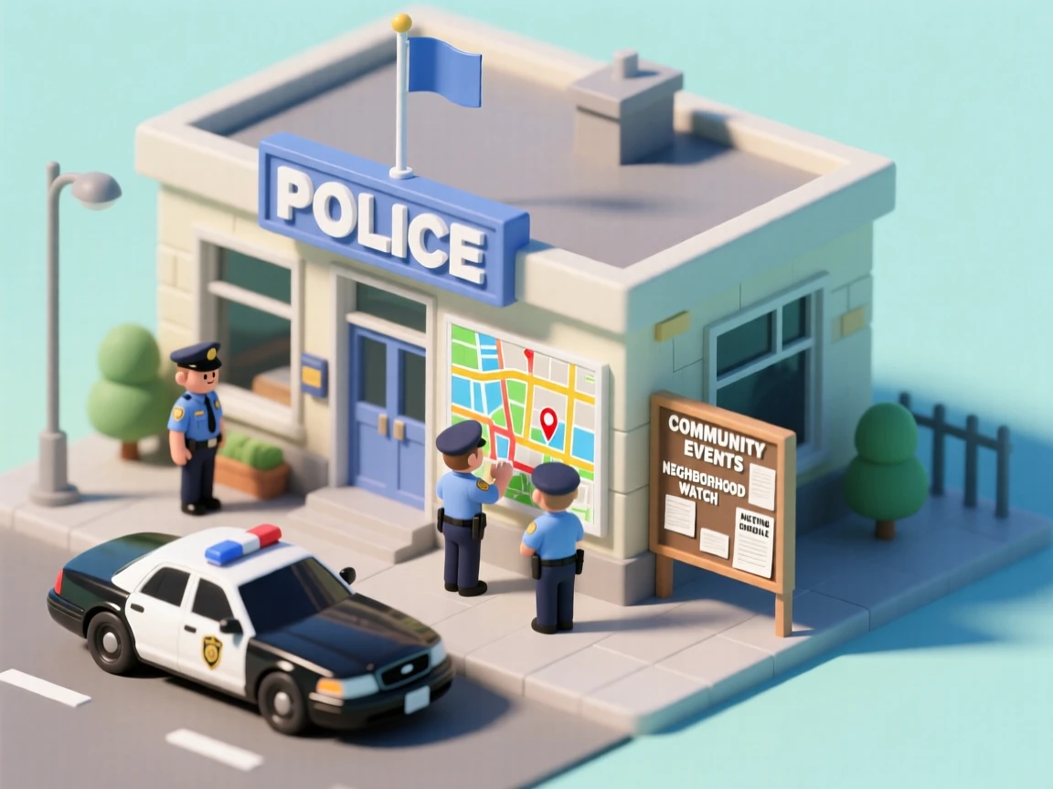 A bustling police station with officers reviewing a map, a patrol car parked outside, and a community bulletin board nearby.