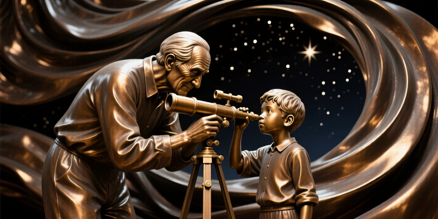 A grandfather showing his grandson the stars through a telescope, amid a swirl of dramatic drapery, forming a strong central focal point