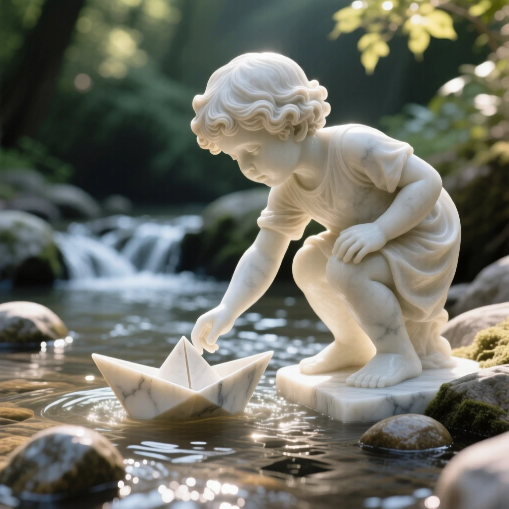 An evocative depiction of a child releasing a paper boat into a stream, surrounded by soft, glowing light, balancing detail with emotional depth