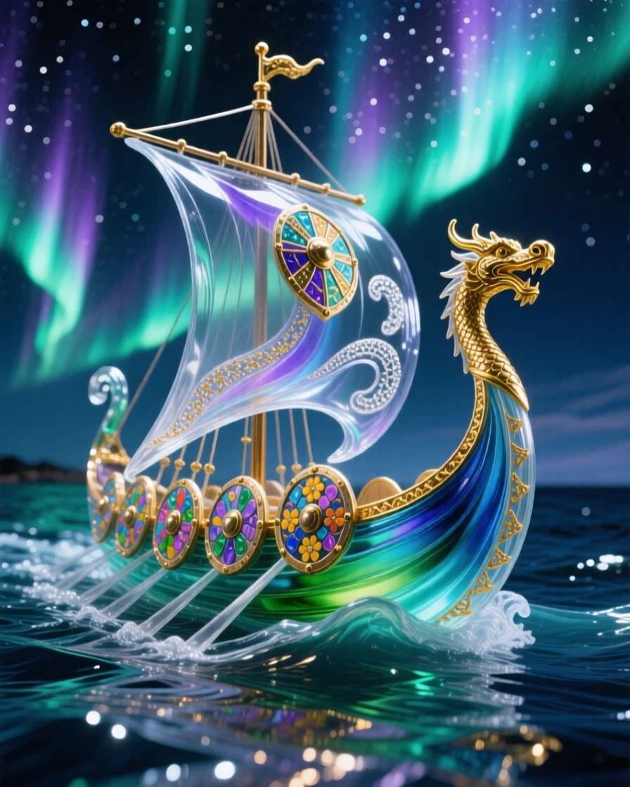 A Nordic Viking longship sailing beneath the northern lights, adventurous and mythic.