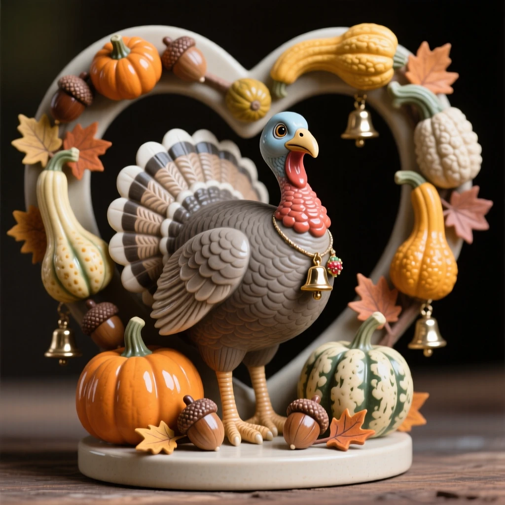 A turkey figure surrounded by autumn gourds displayed as a heartwarming holiday accent, decorated with small festive charms, conveying warmth, celebration, and delight.