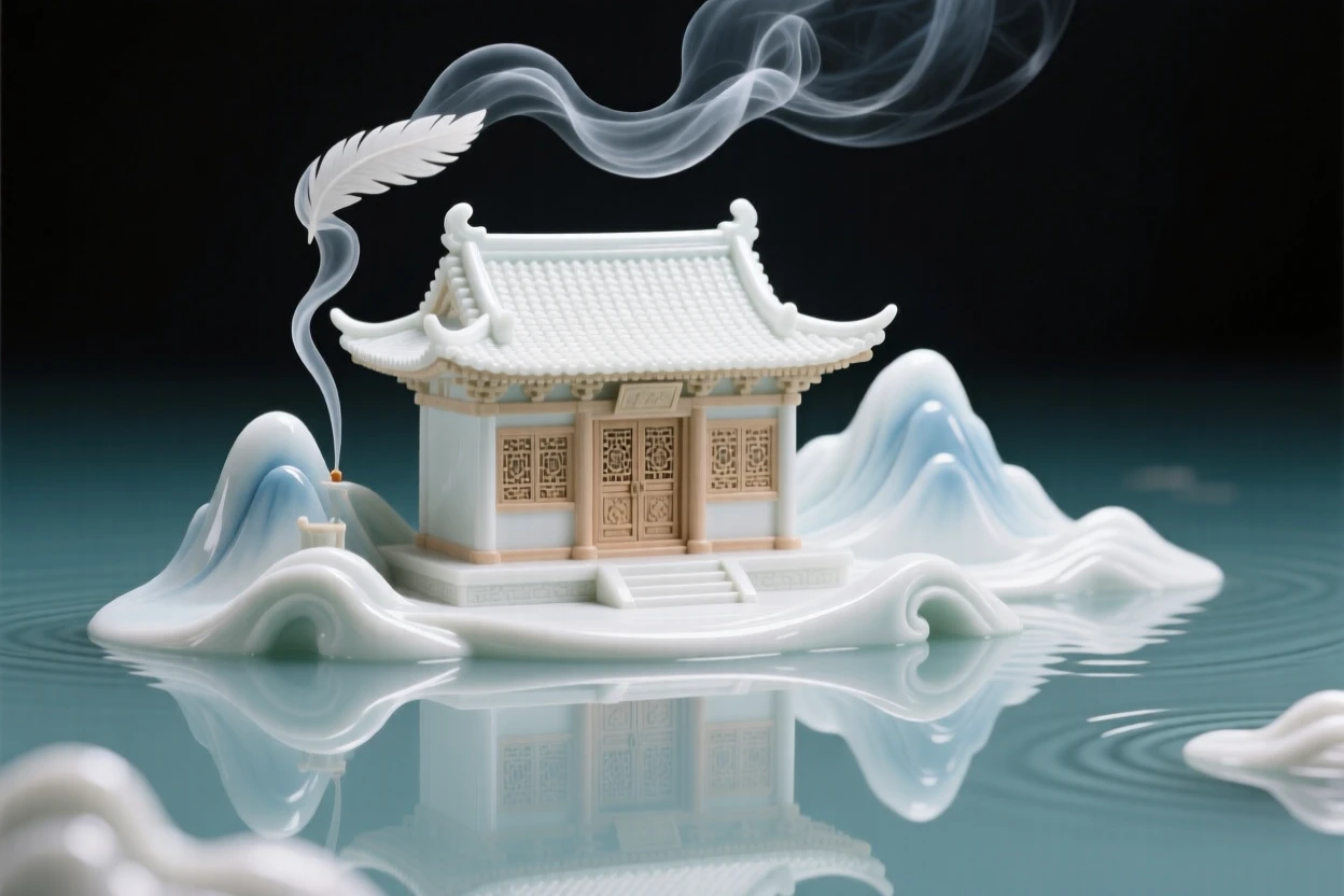 A serene mountain temple nestled in a tranquil reflecting lake, soft incense smoke curling upward.