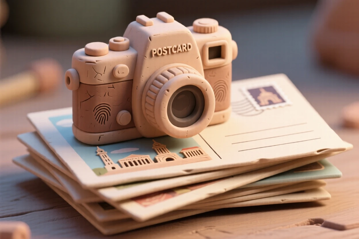 A vintage camera resting atop a stack of travel postcards