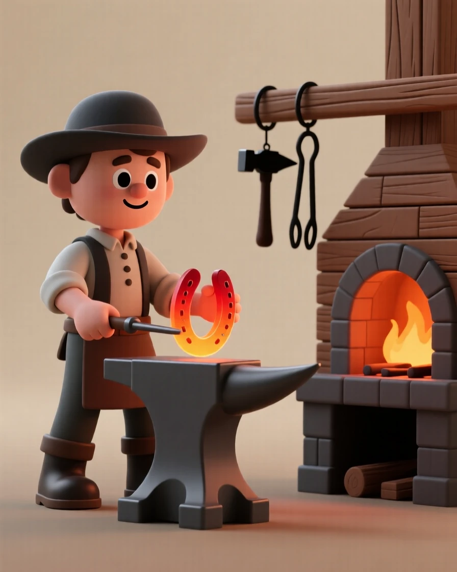 A colonial American blacksmith shapes a glowing horseshoe on an anvil outside a small wooden forge.