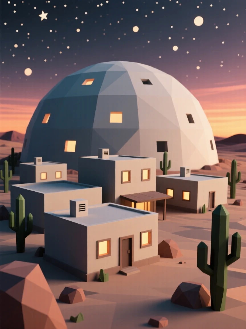 A remote desert outpost beneath a star-filled sky, glowing warmly at sunset. warm window lights add a cozy glow to the scene. The place feels steeped in history.