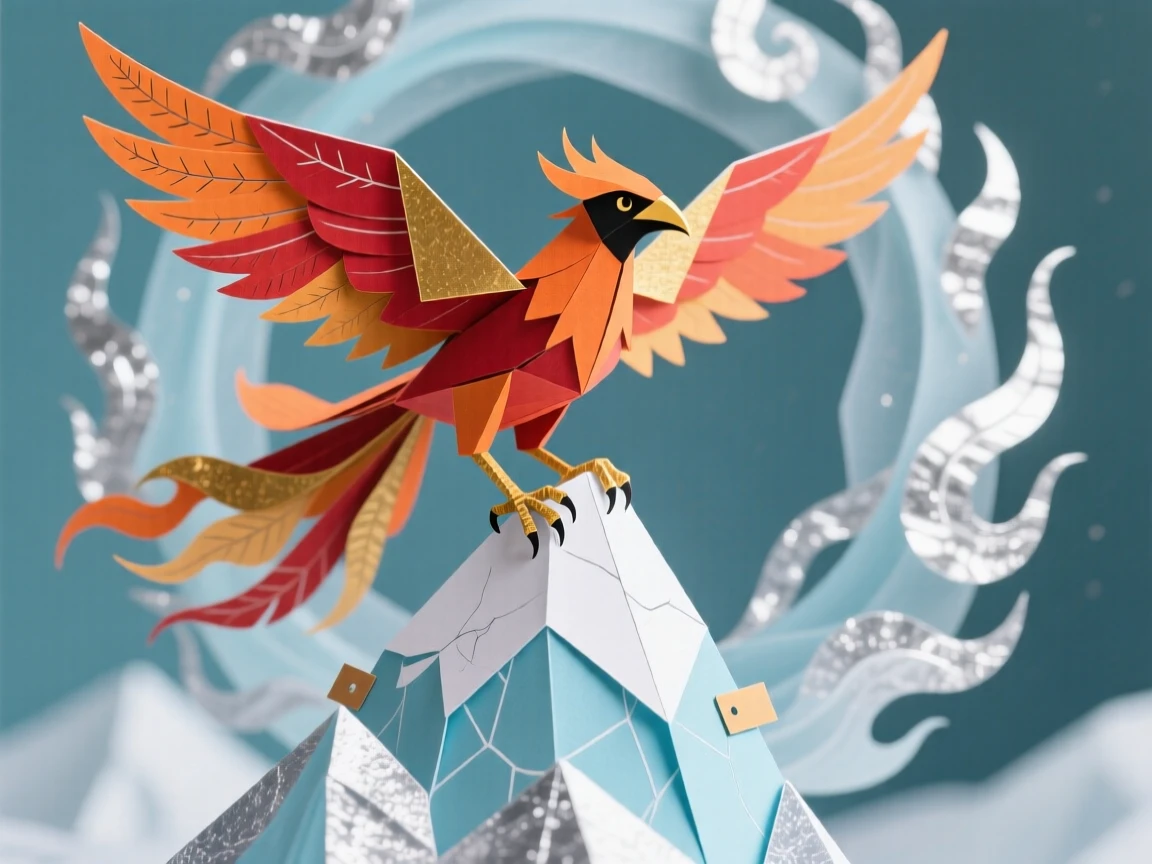 A phoenix in mid-flight standing atop a frozen mountain peak, with a shimmering magical aura surrounding the figure, evoking otherworldly beauty.