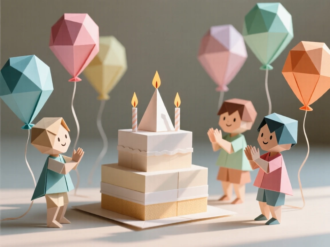 A birthday party scene with balloons, a decorated cake, and children clapping in delight.