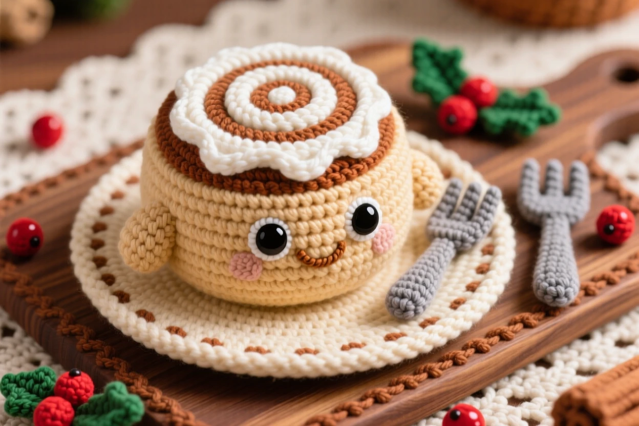 a plump cinnamon roll character, with a swirl of icing on top, is shown resting on a plate beside a fork on a festive holiday dessert table beside a rustic wooden serving board, capturing a cozy sense of shared treats.