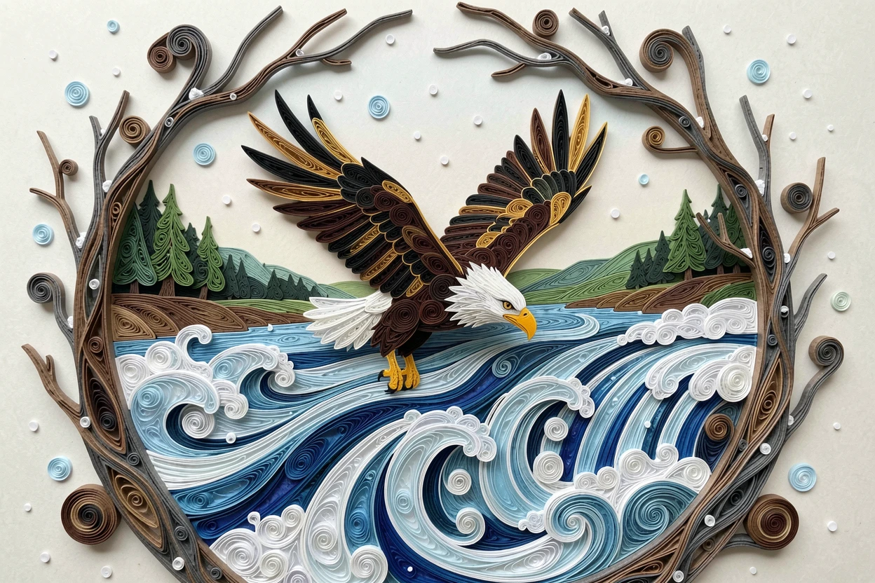 a bald eagle diving toward a rushing river, along a quiet natural horizon line, framed through a natural archway of branches, surrounded by softly falling snow.