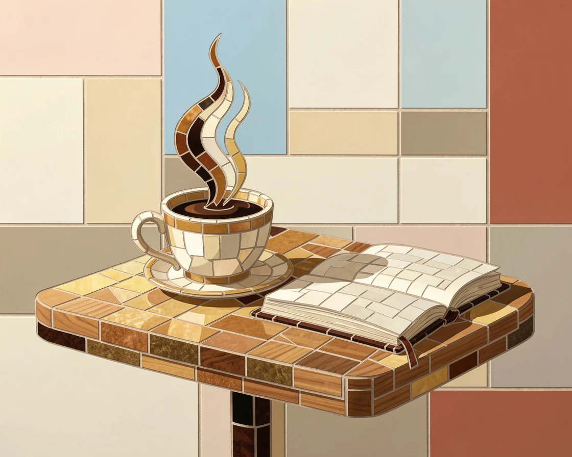A cozy café table with a steaming cup of coffee beside an open journal, with soft warm lighting and an inviting, peaceful atmosphere.