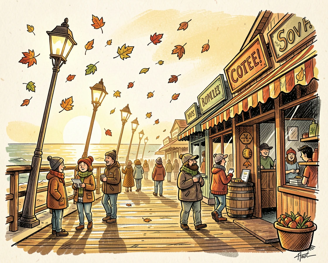 A coastal boardwalk lined with shops during a golden autumn afternoon.