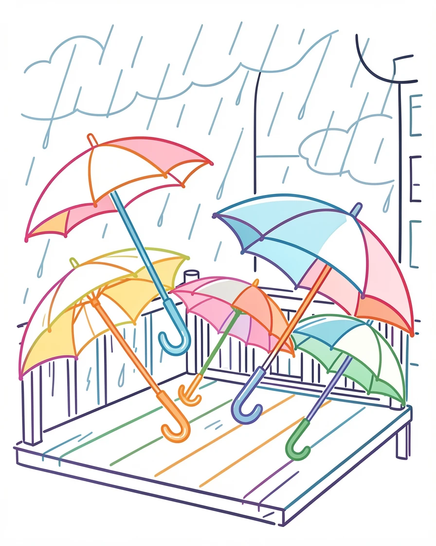 A collection of colorful umbrellas opened and drying on a rainy porch.