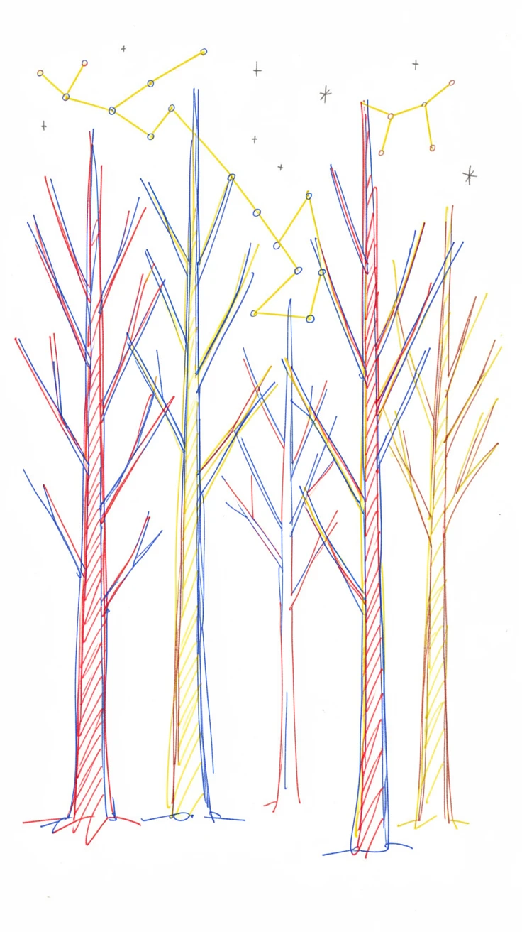 A celestial forest where tree branches form glowing constellations