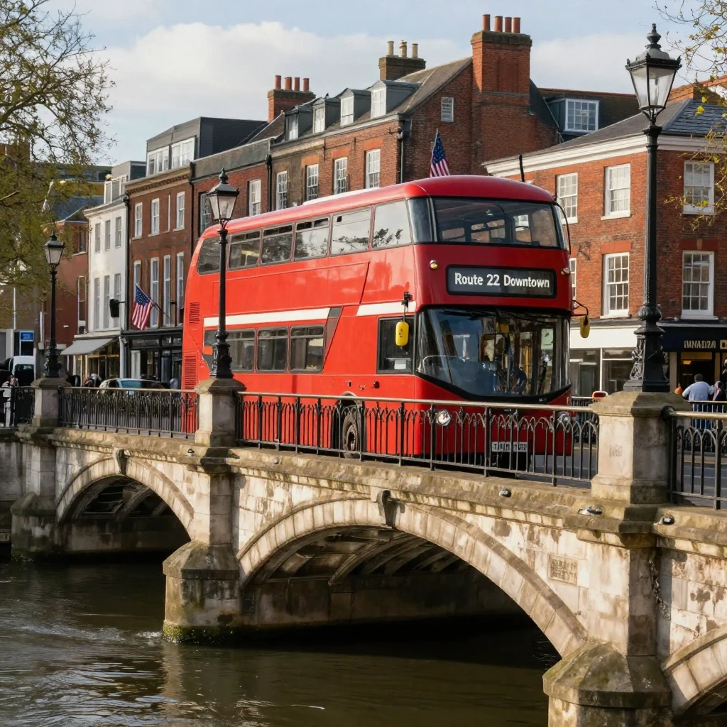 A double-decker bus crossing a historic city bridge
