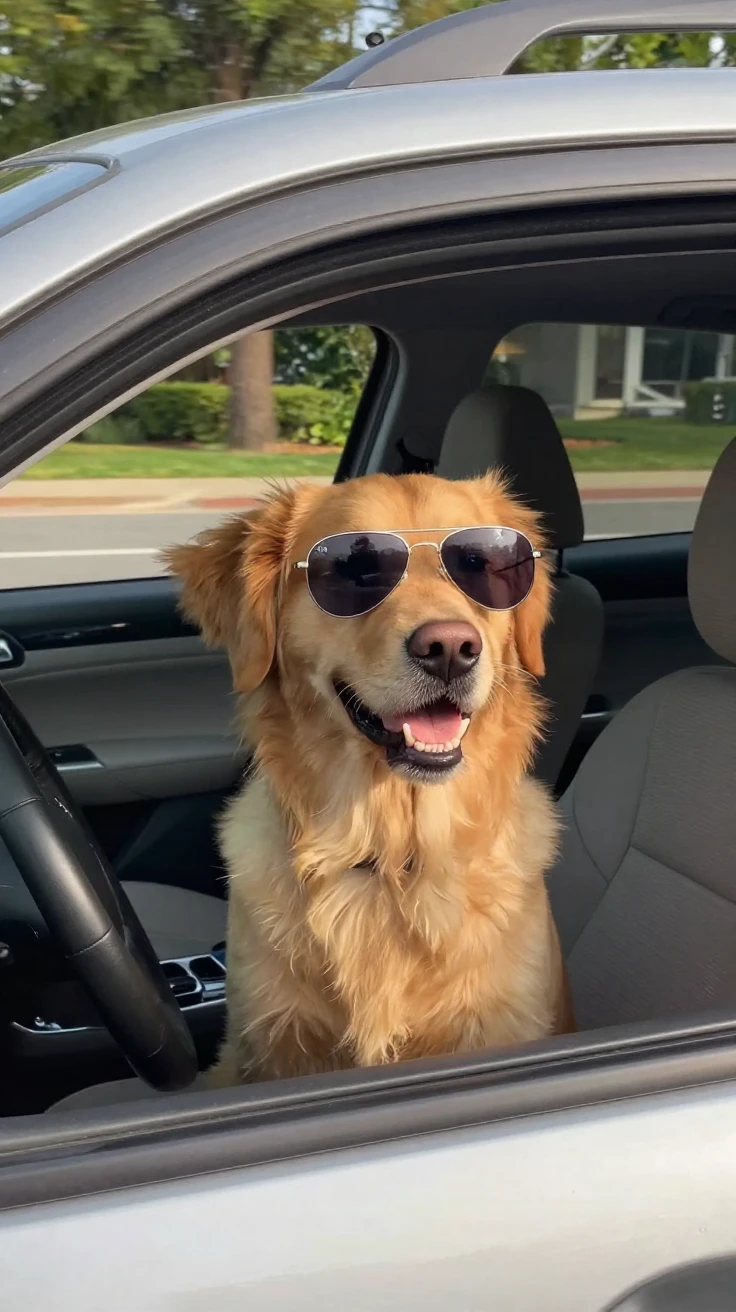 A dog wearing sunglasses rides shotgun with its head out the car window.