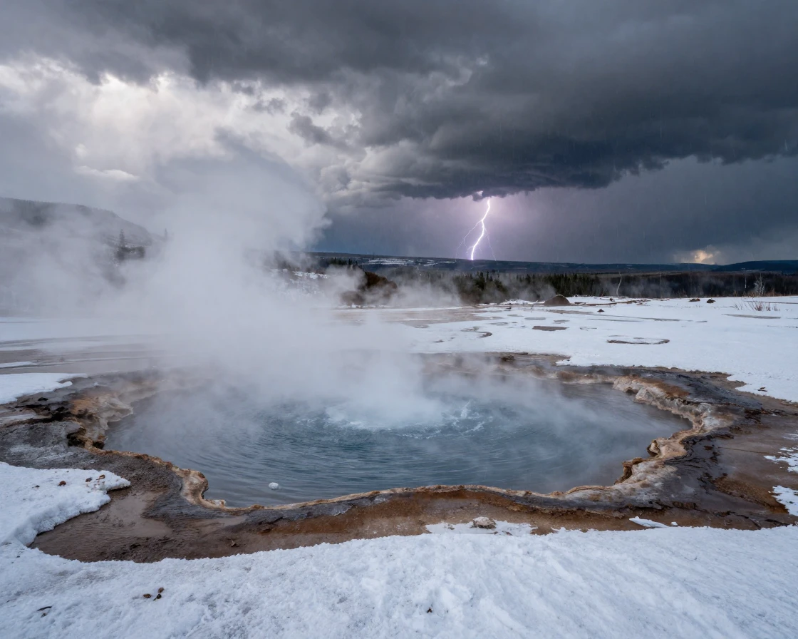 A steaming volcanic hot spring surrounded by snow, stretching endlessly during a sudden summer storm
