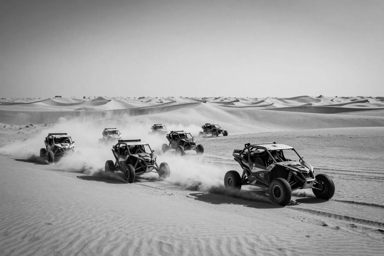 A group of dune buggies kicks up sand across the desert across rolling desert dunes.