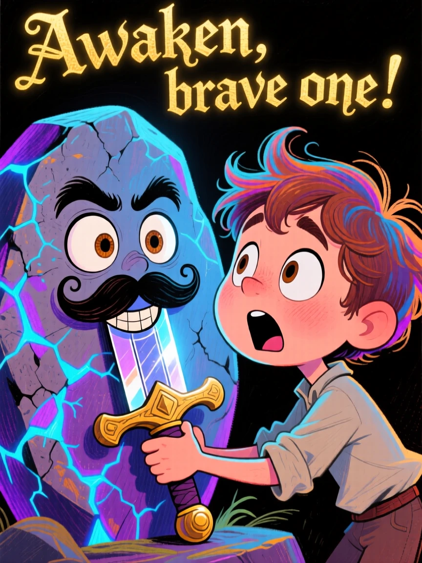 A young boy discovering a talking sword embedded in an enchanted stone.