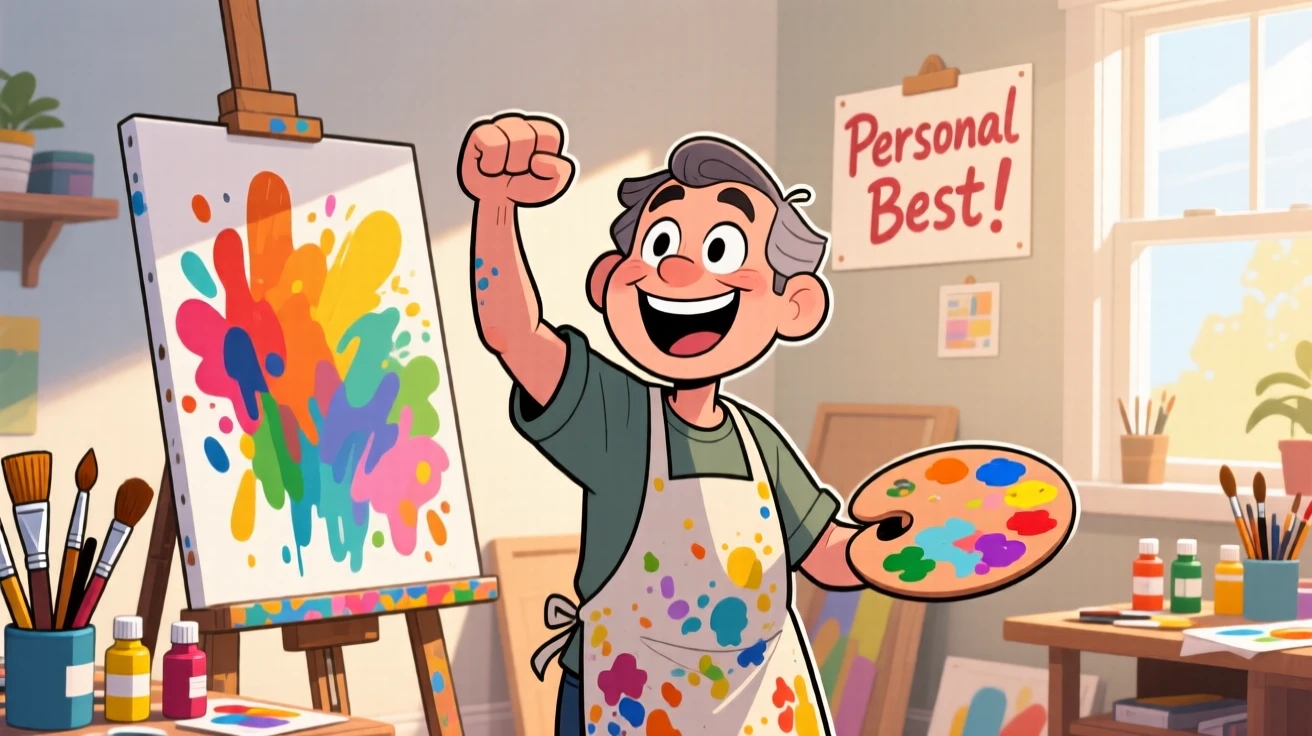 An everyday-life snapshot of a hobbyist painter, celebrating a personal best with a fist pump, on a quiet weekend afternoon.