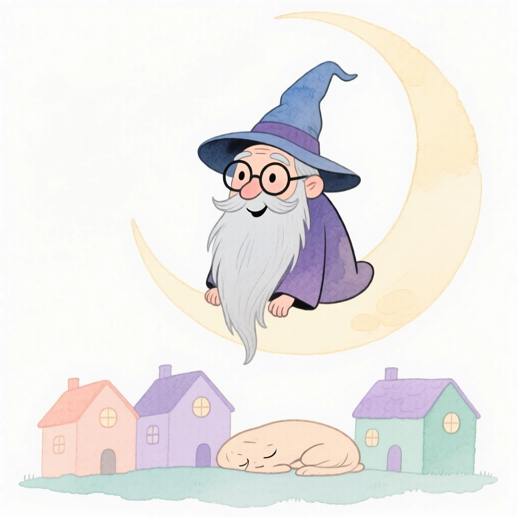 A wise old wizard perched on a crescent moon overlooking a sleeping village