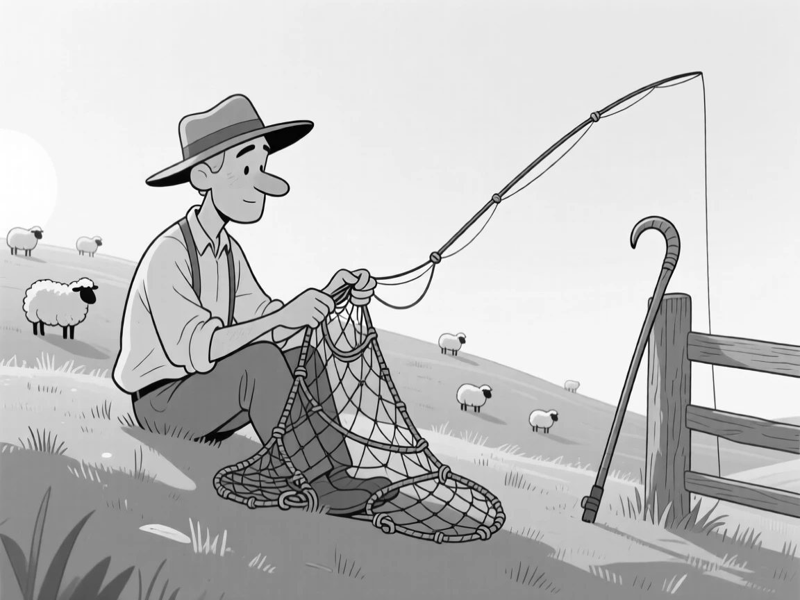 A fisherman untangling a hopelessly knotted net, melting slightly lopsided in the afternoon sun, set on a rolling green hillside dotted with sheep. A lone shepherd's crook leans against a fence post. It radiates the down-to-earth charm of life outdoors.