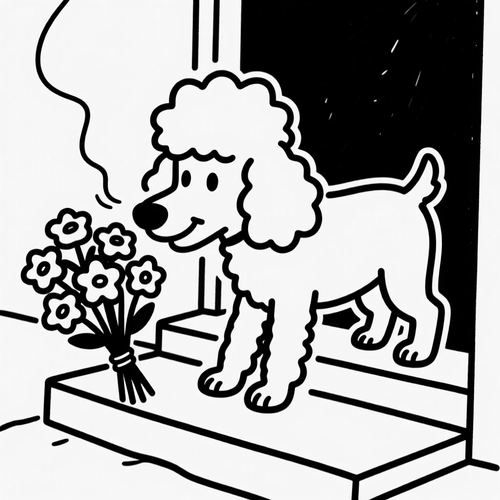 A poodle sniffing a bouquet of flowers on a doorstep, nose twitching.
