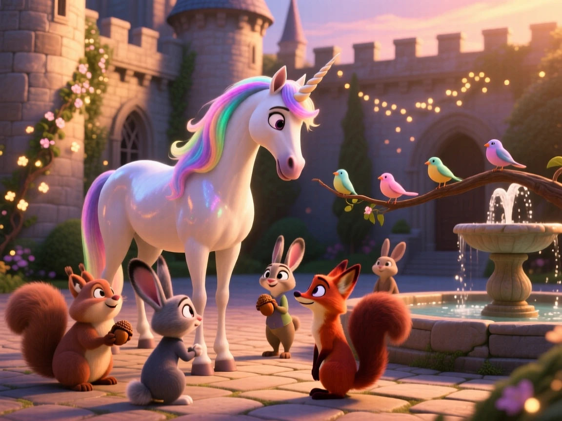 A unicorn with a flowing mane stands in a castle courtyard draped in twinkling vines, whispering to woodland creatures gathered nearby. A quiet magic hums softly throughout the scene, with soft glowing light illuminating every surface.