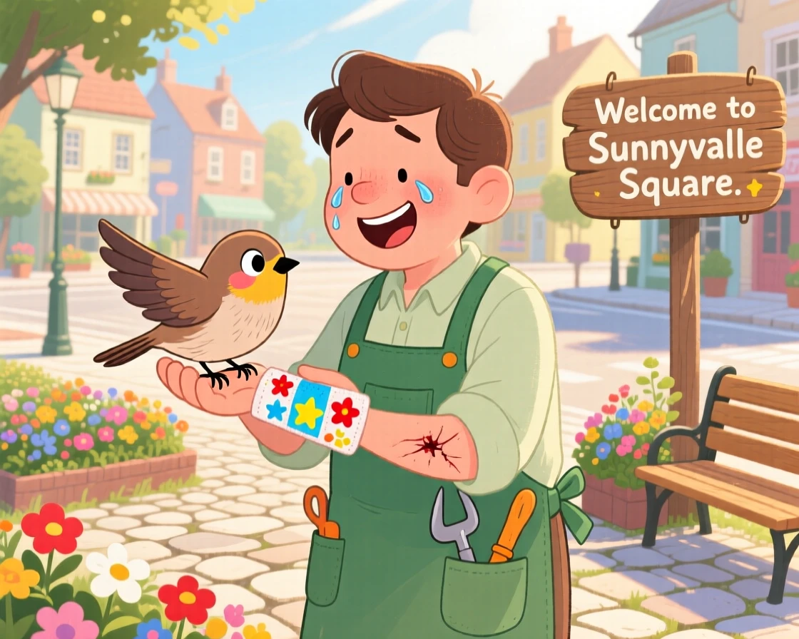 A small bird and a kind gardener share a tender moment bandaging a small scrape with a colorful bandage in a small town square, with tears turning quickly into laughter.