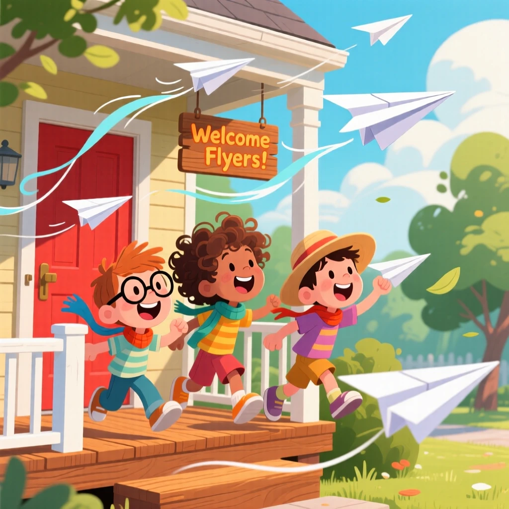 Children flying paper airplanes off a porch on a breezy day.